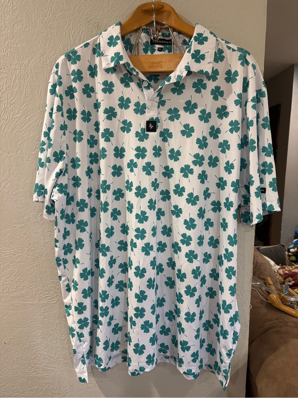 ByrdGang White/Green Clover “Lucky” Printed Button up golf polo shirt size 3XL